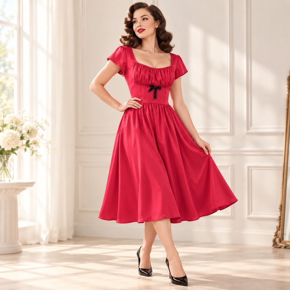 Pinup Couture Evelyn Red Satin Swing Dress Black Bow Dark Romance Retro USA M